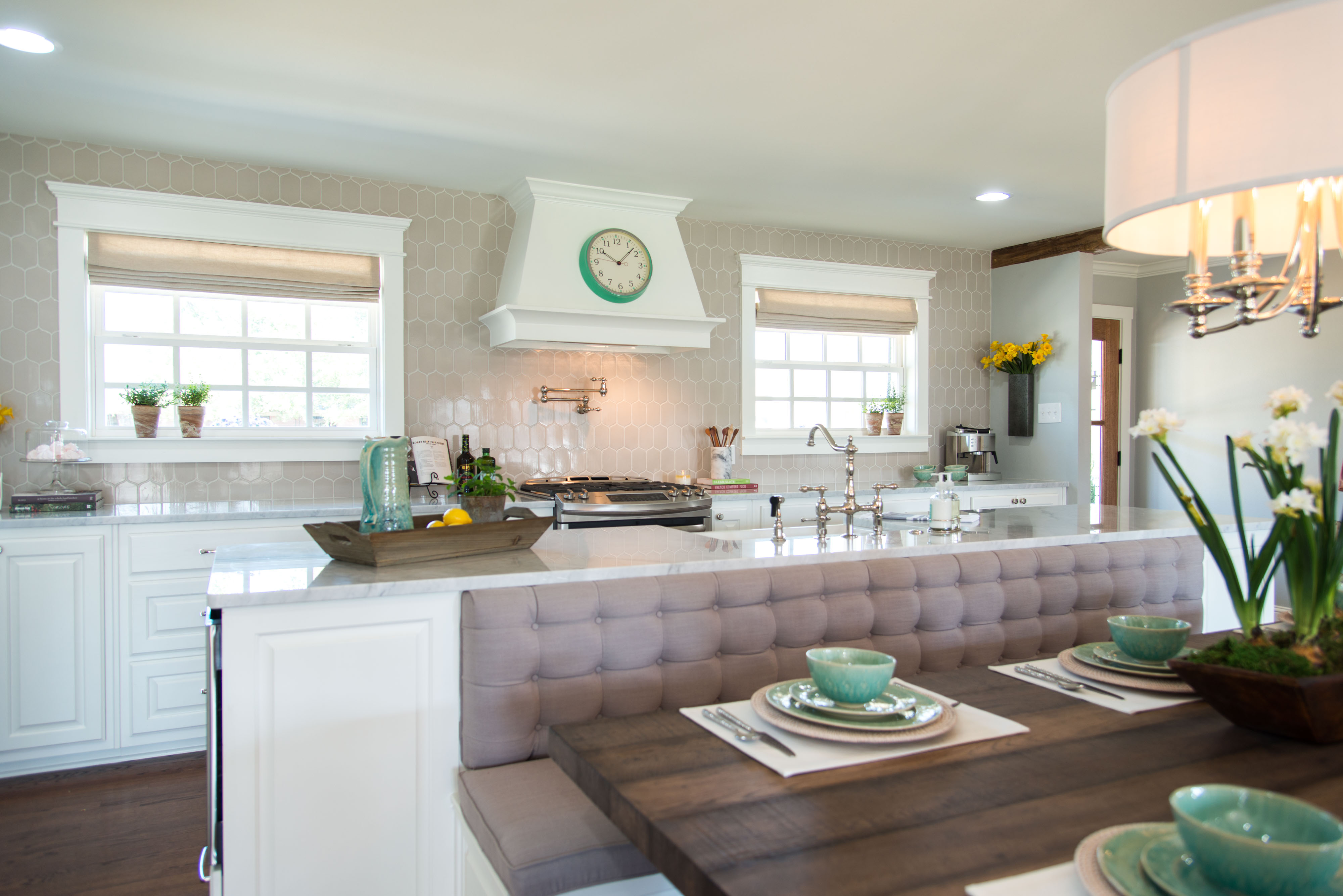 Kitchen Island Configurations: A Bench on the Back with a Bookcase on