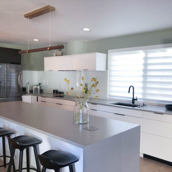 IKEA kitchen with paneled dishwasher and built in cooktop hood