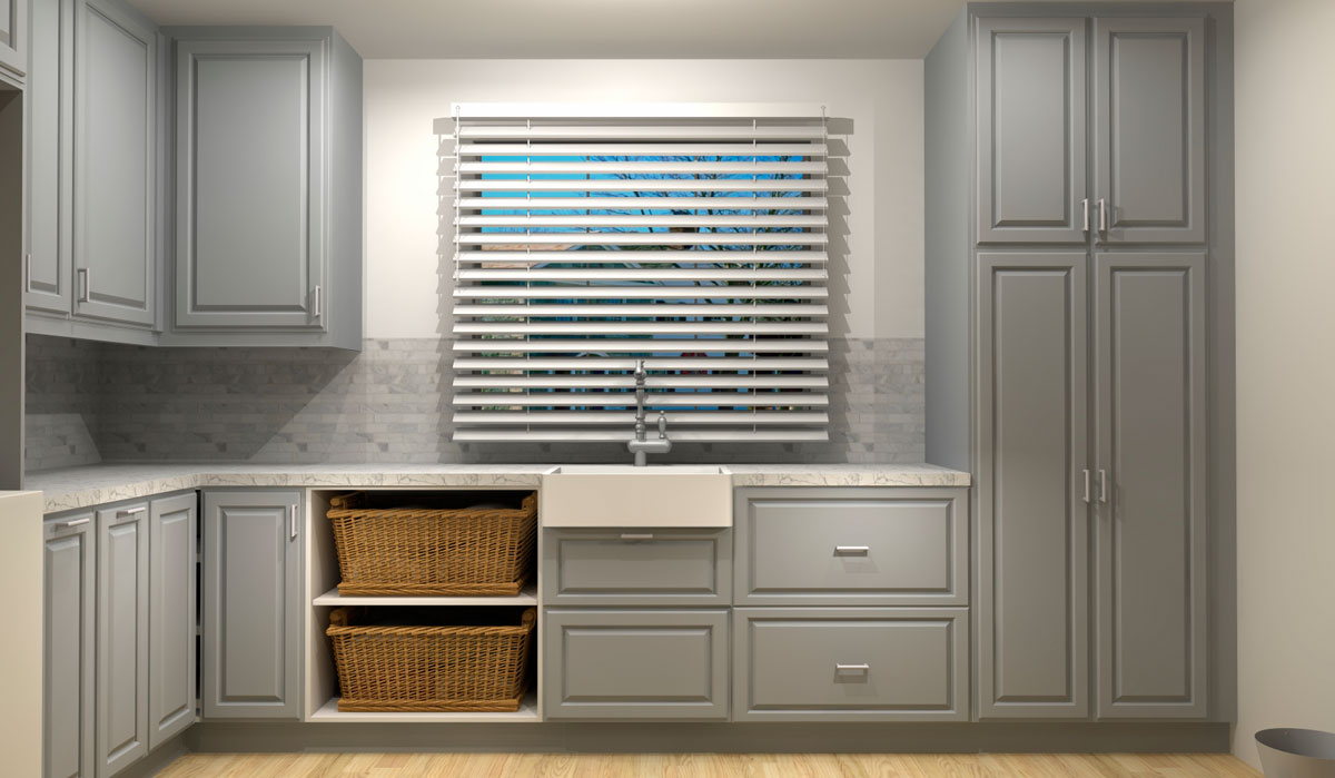 Gray laundry room apron sink tall cabinet