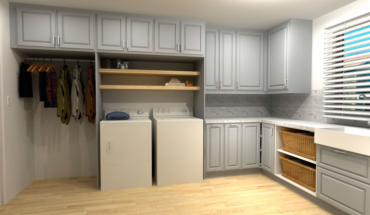 Gray laundry room with apron sink