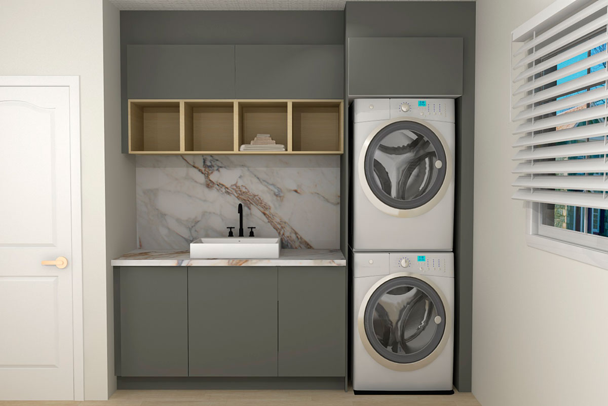 Update to laundry room countertop using Ikea Karlby countertop : r