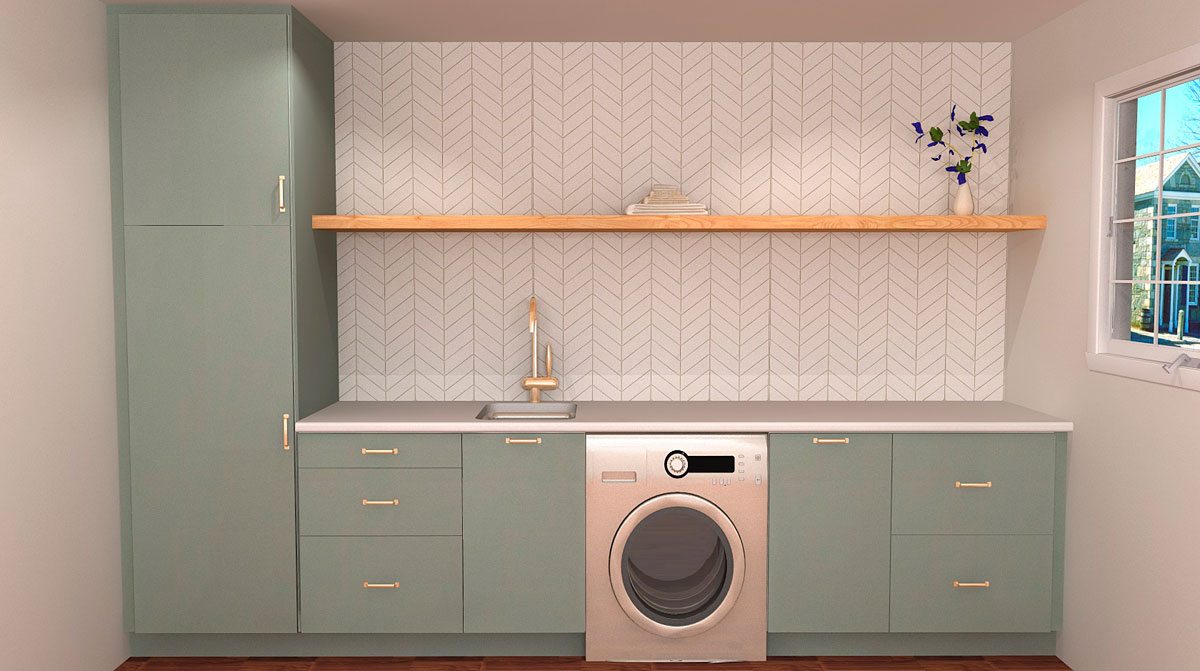 laundry room design with floating shelf
