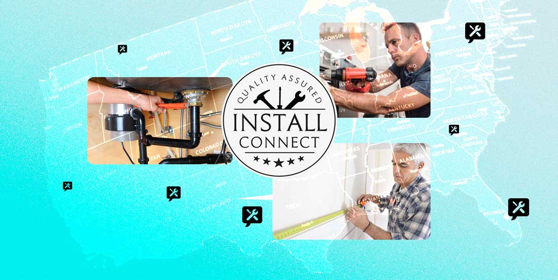 A digital interface showcasing IKD's 'Install Connect' database, highlighting the extensive list of qualified IKEA cabinet installers