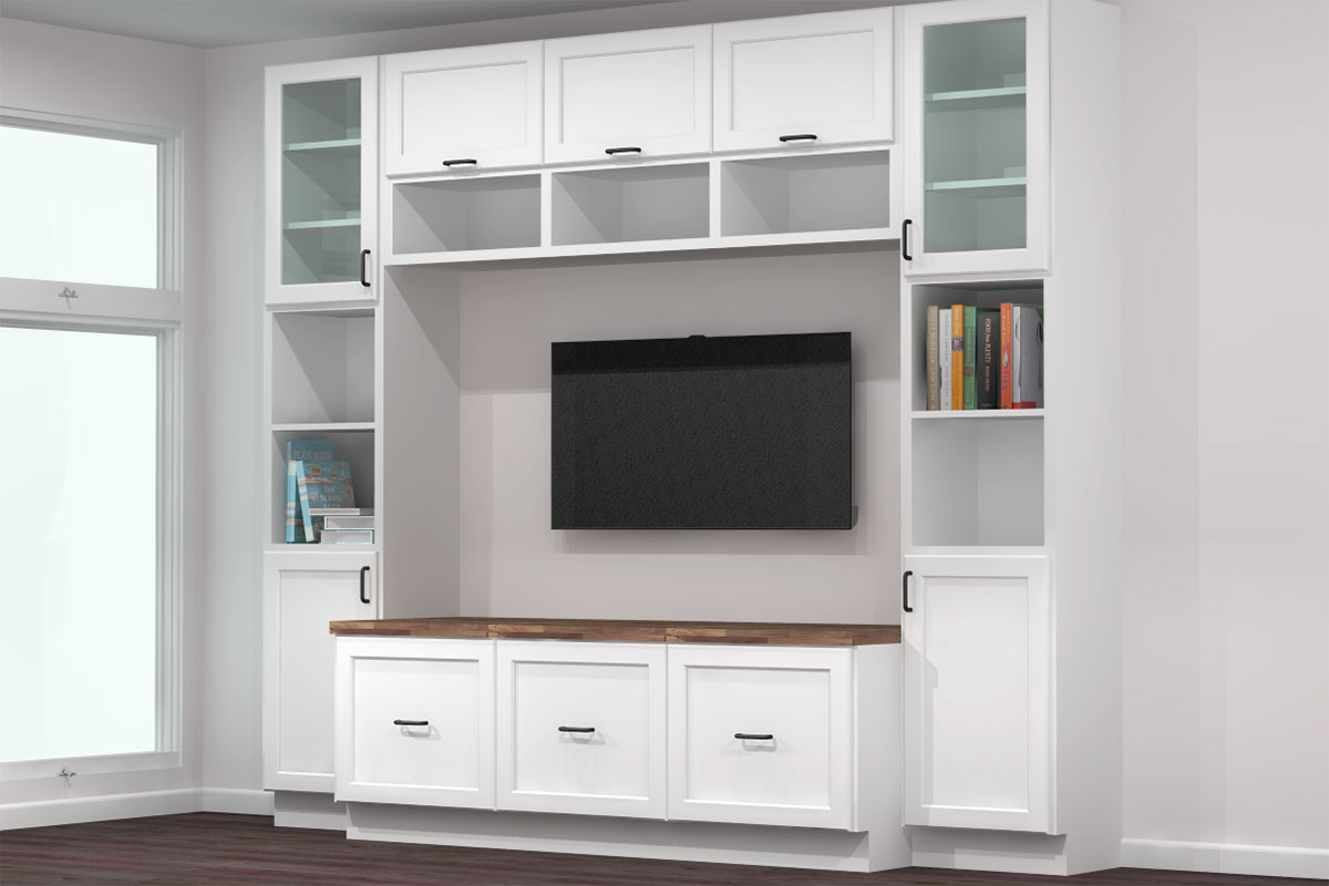 Media center with white IKEA cabinets