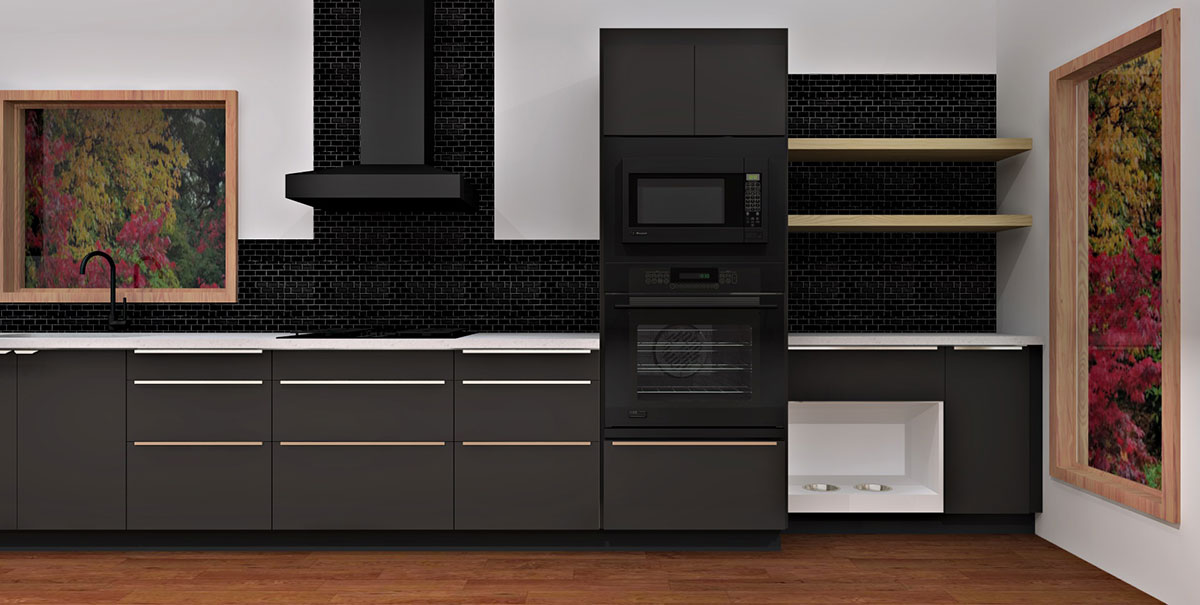 Black cabinets IKEA kitchen with pet food and water dishes