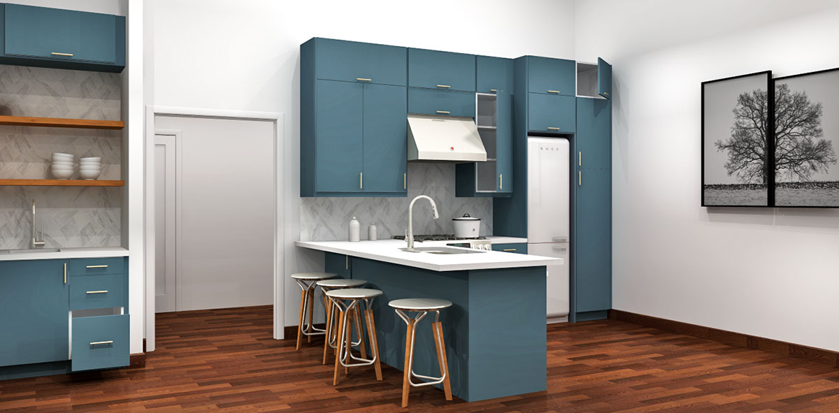 kitchen island with white wood stools