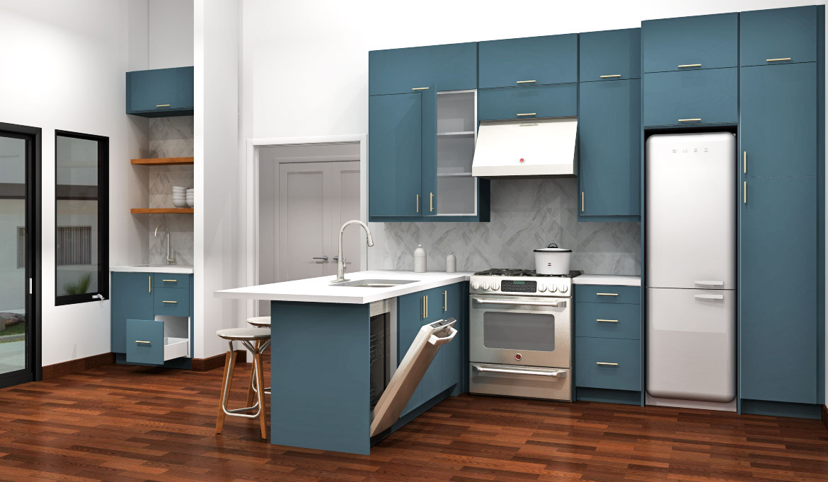 A Happy, Modern Aqua Blue Kitchen