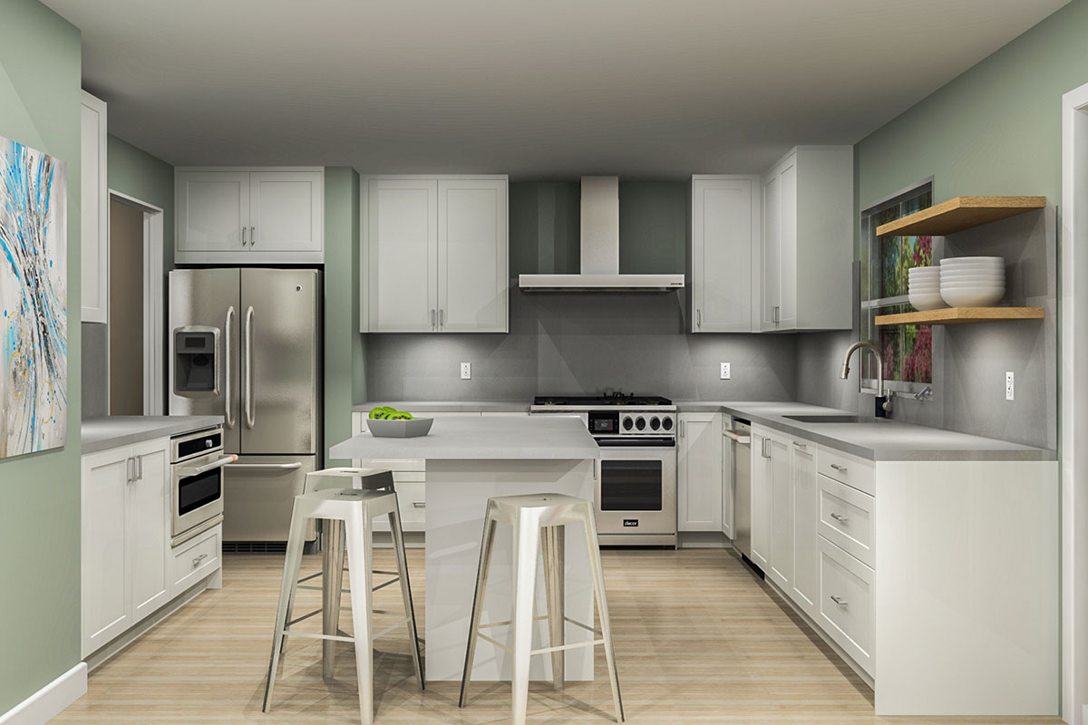 IKEA kitchen with white cabinets and stainless steel appliances
