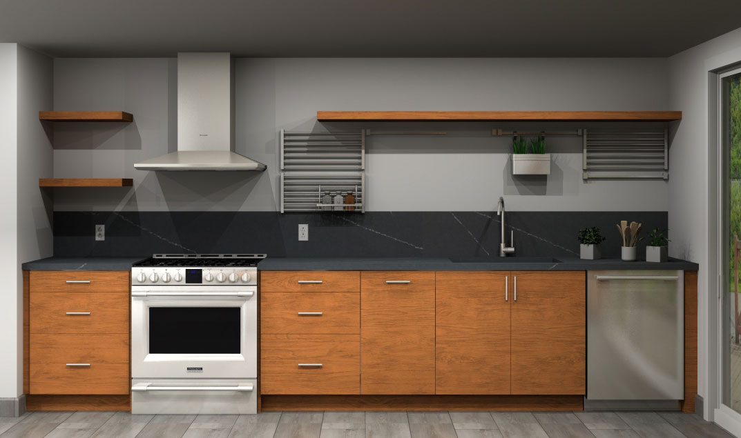 IKEA kitchen rendering with black countertops