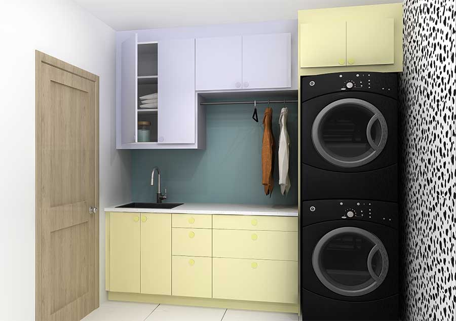 Yellow cabinets in laundry room