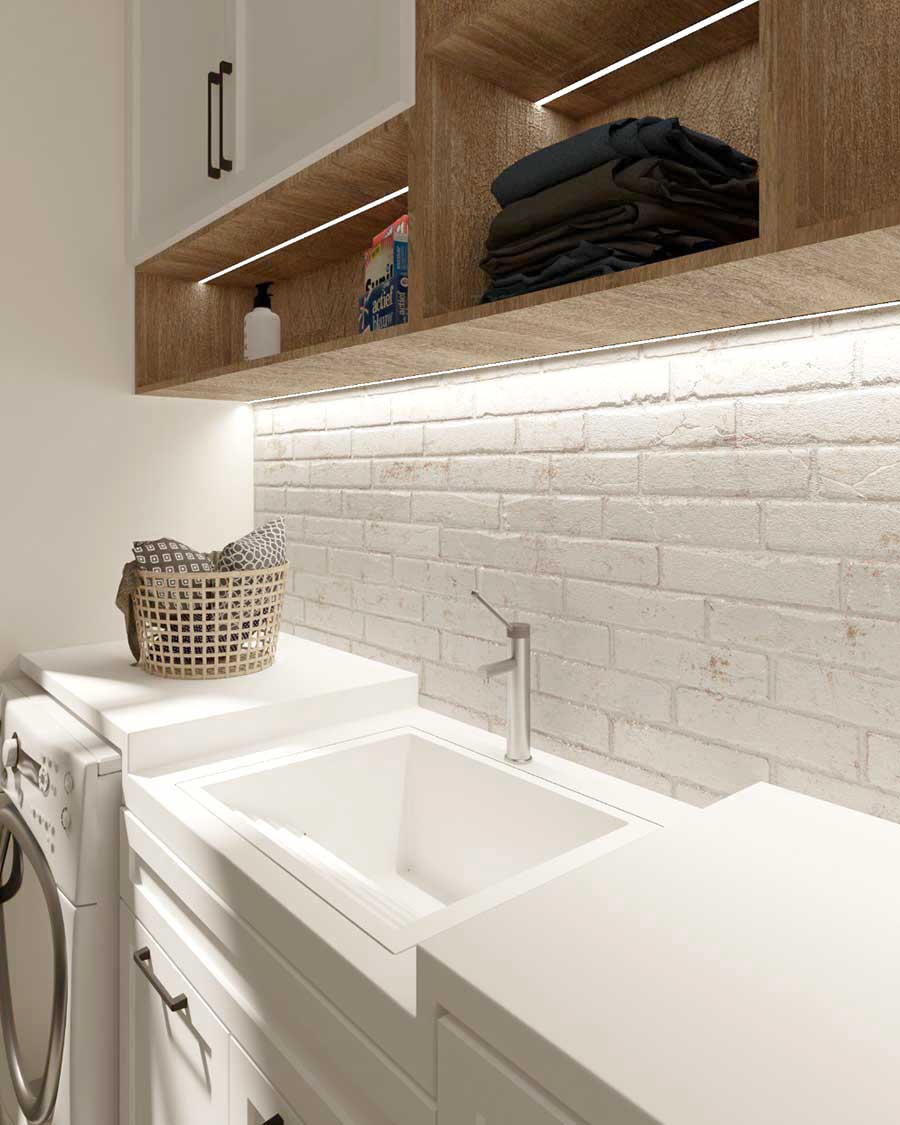 exposed white brick in laundry room