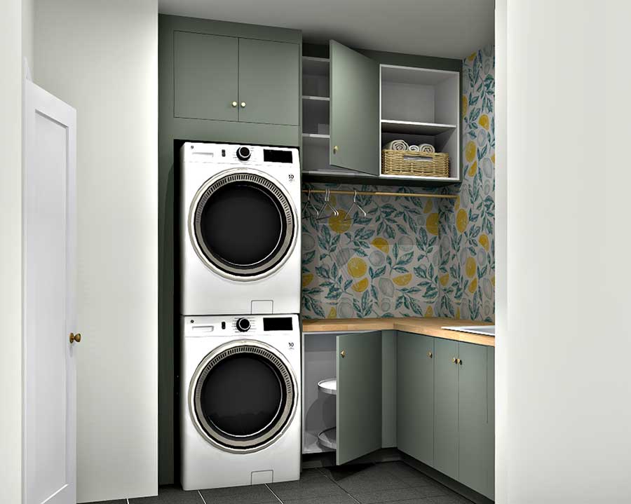 floral patter wallpaper in laundry room