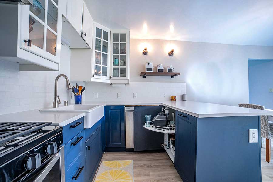 Updated white and blue kitchen cabinets