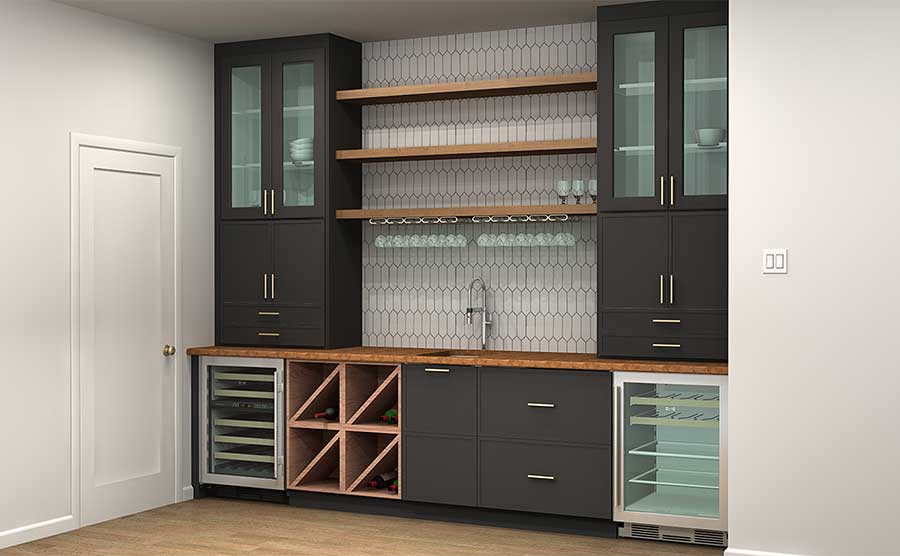 Dark IKEA cabinets used in bar area design