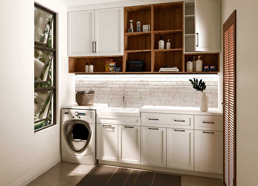bright, white laundry room design rendering