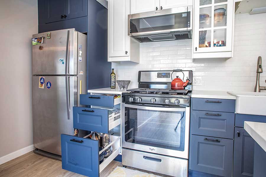 Blue drawers in kitchen opened
