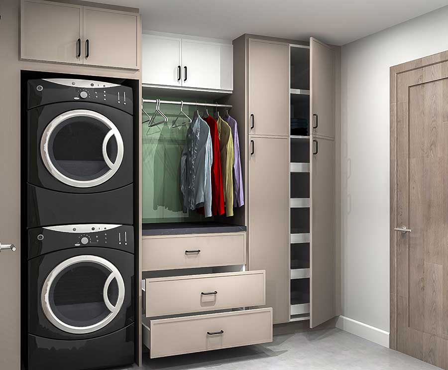 ikea laundry room design with dark appliances