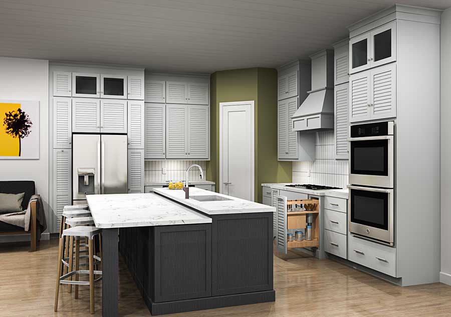Rendering of kitchen design with shutter cabinets