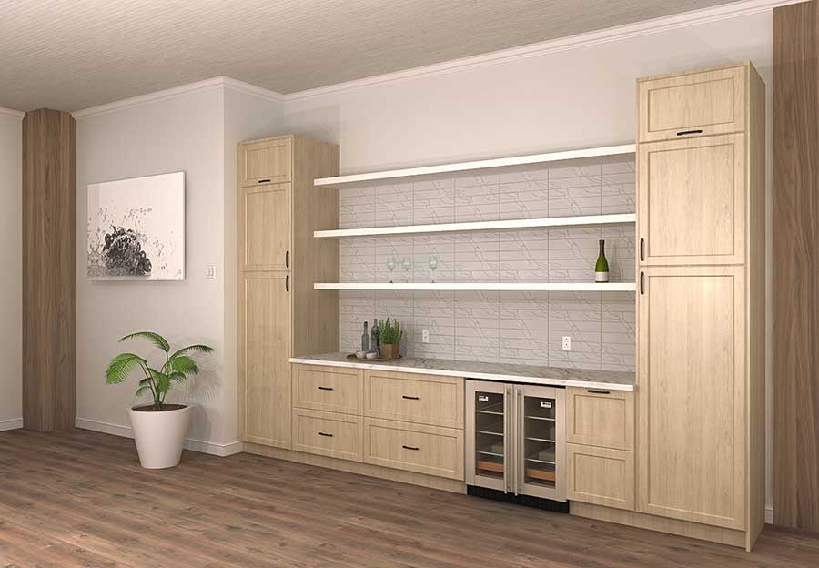 Beige colored IKEA cabinets for bar