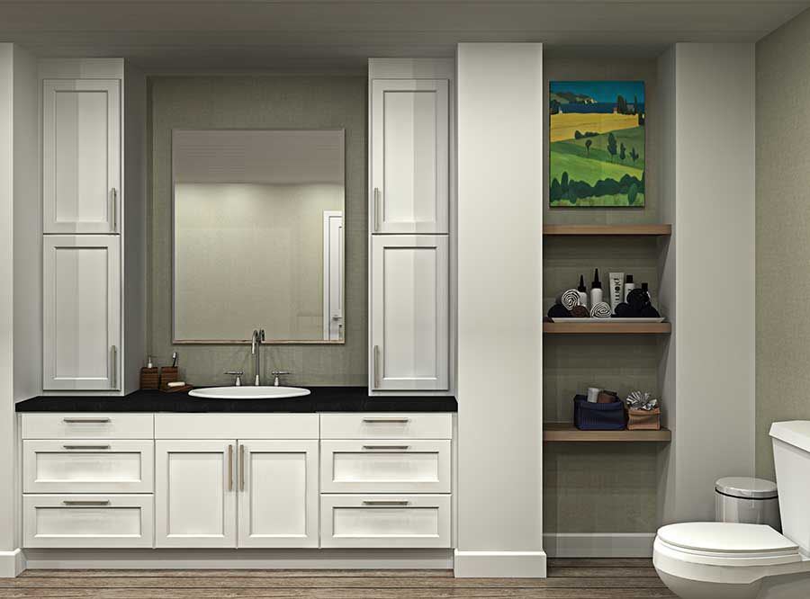 front view of IKEA cabinets in bathroom for more storage