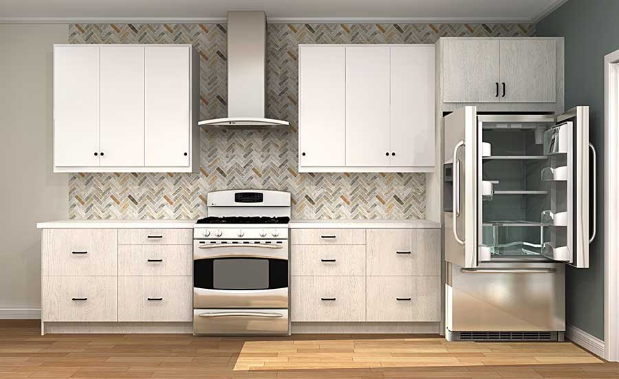 kitchen rendering with fridge in corner