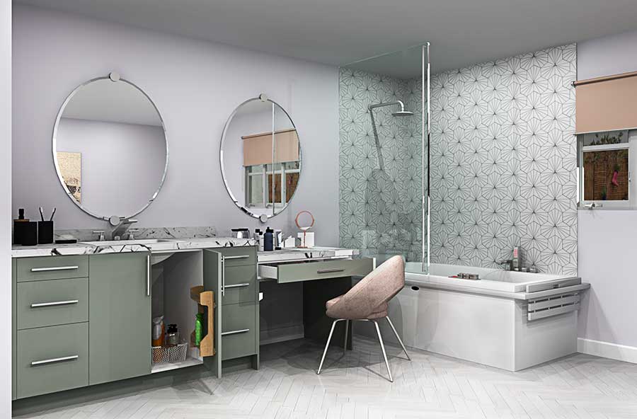 his/hers bathroom rendering with green cabinets