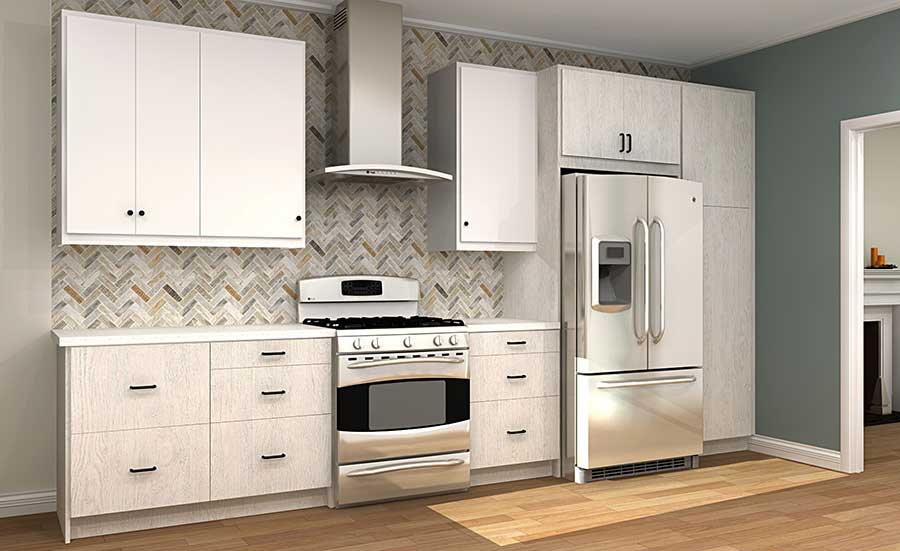 kitchen rendering with fridge surrounded by cabinets