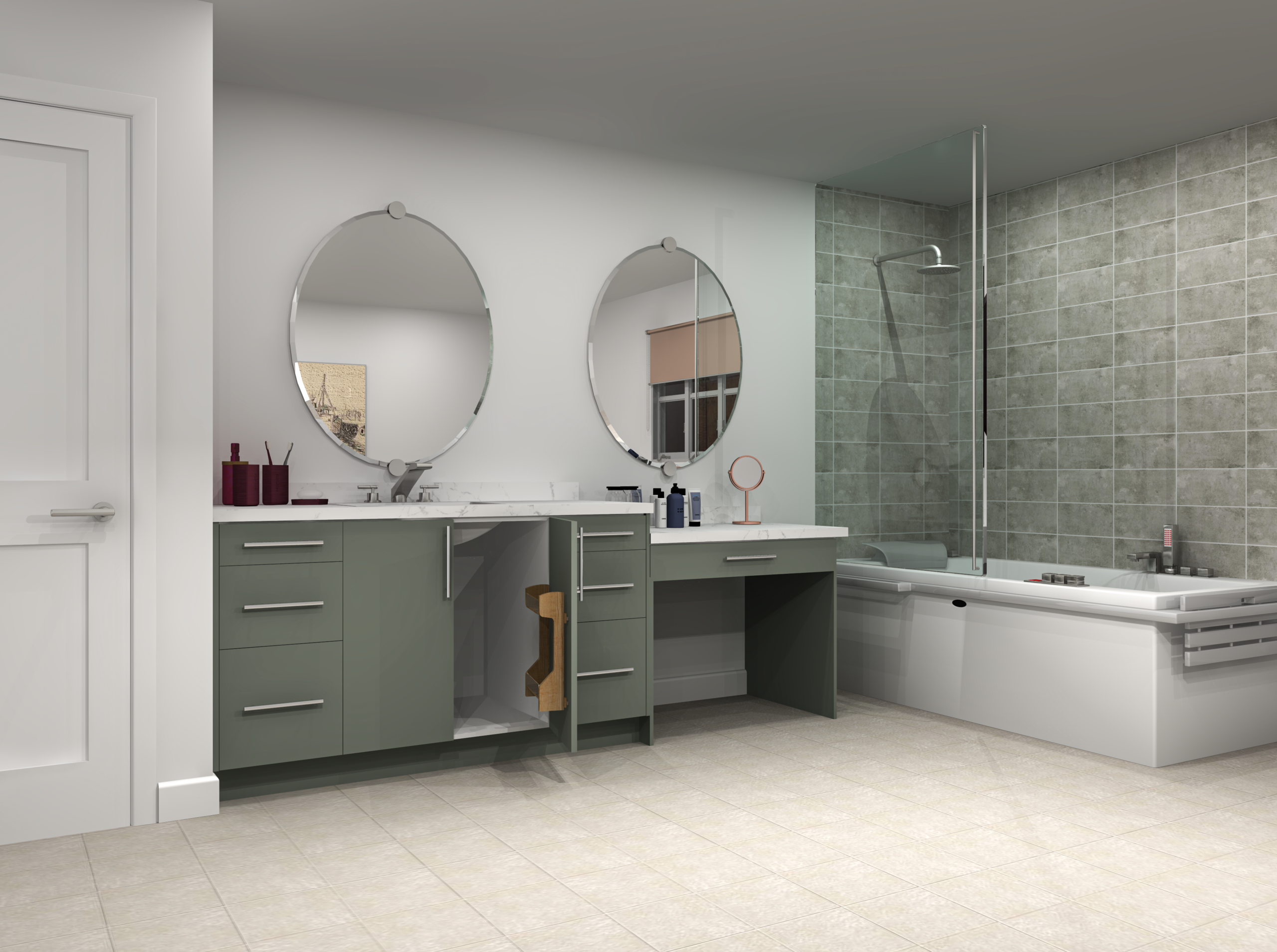 his/hers bathroom rendering with green cabinets