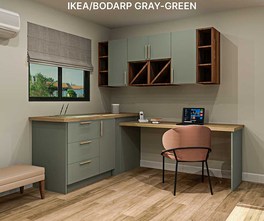 Rendering of office nook built with IKEA bodarp gray-green