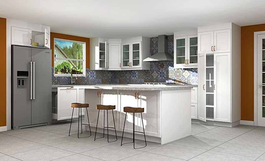 rendering of l-shaped kitchen with white cabinets
