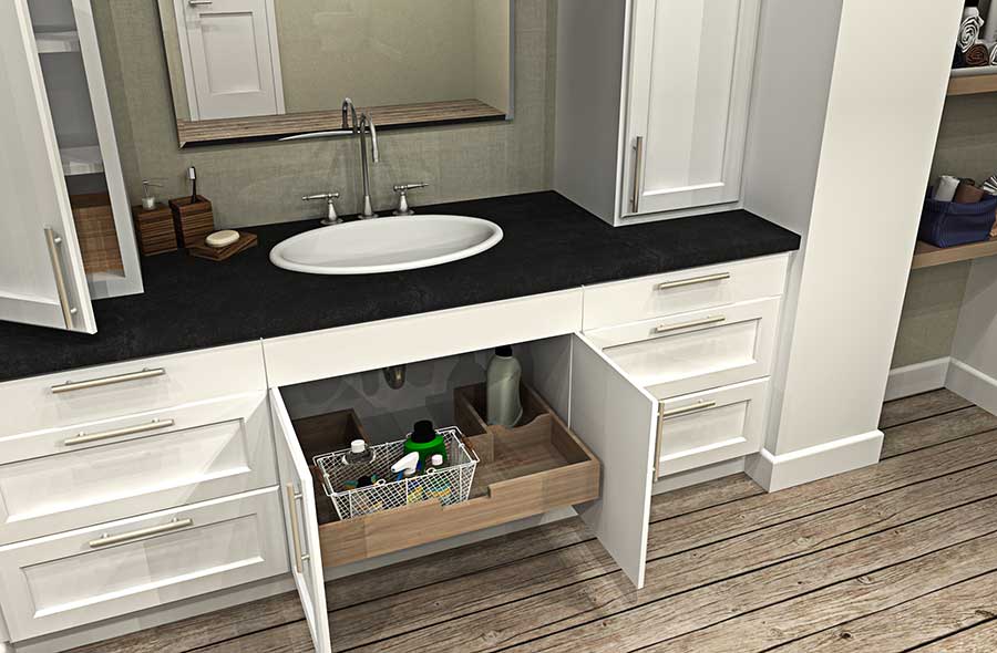 black countertop in white bathroom