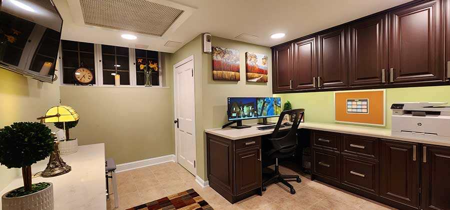 home office with dark ikea base cabinets