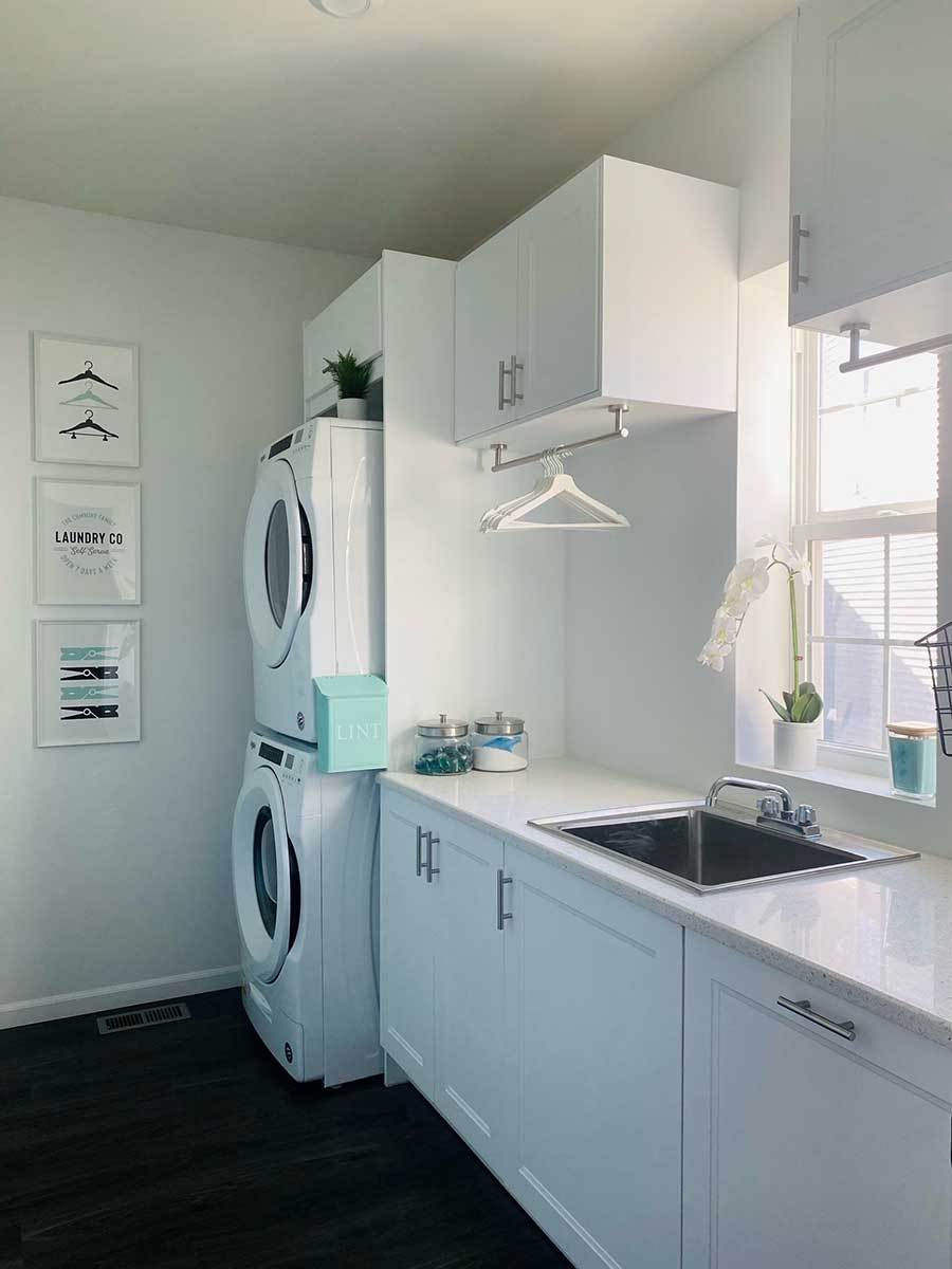 Stacked washer/dryer in small laundry room