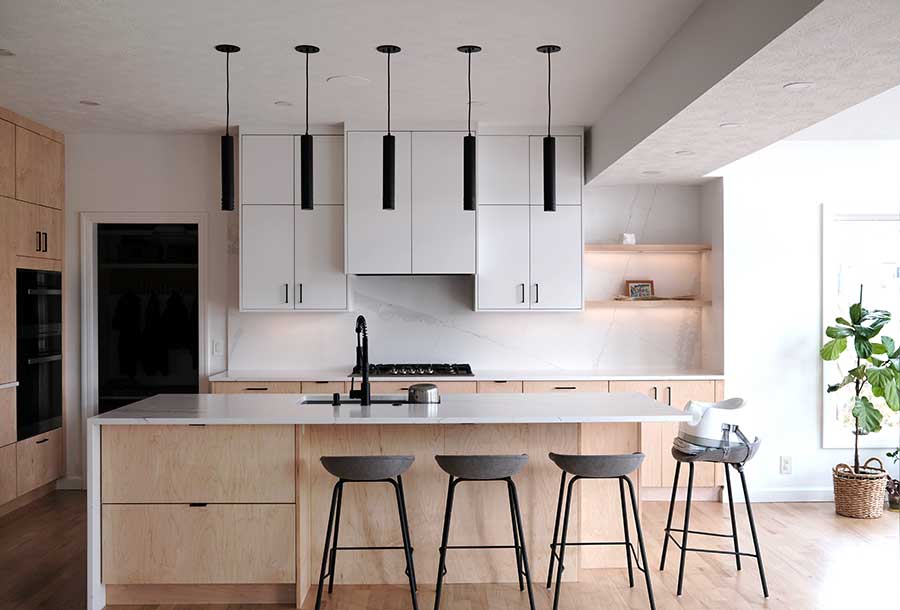 Modern wood-toned kitchen with IKEA cabinets