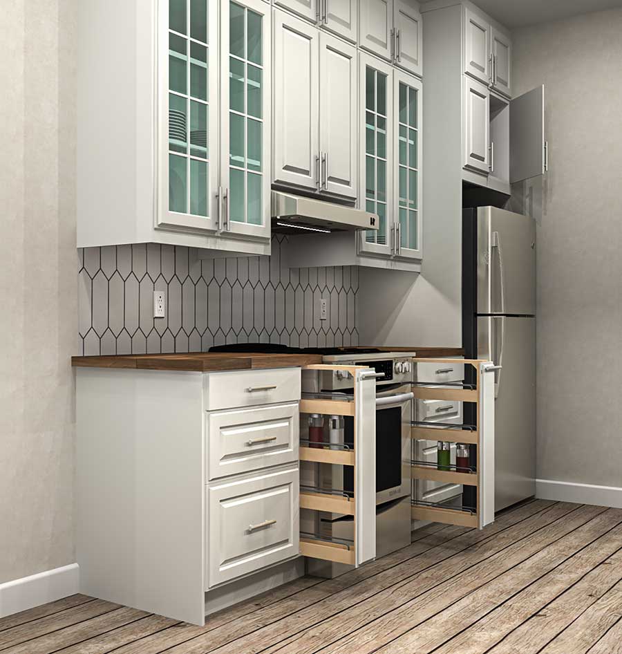 rendering of IKEA kitchen with pullout spice rack