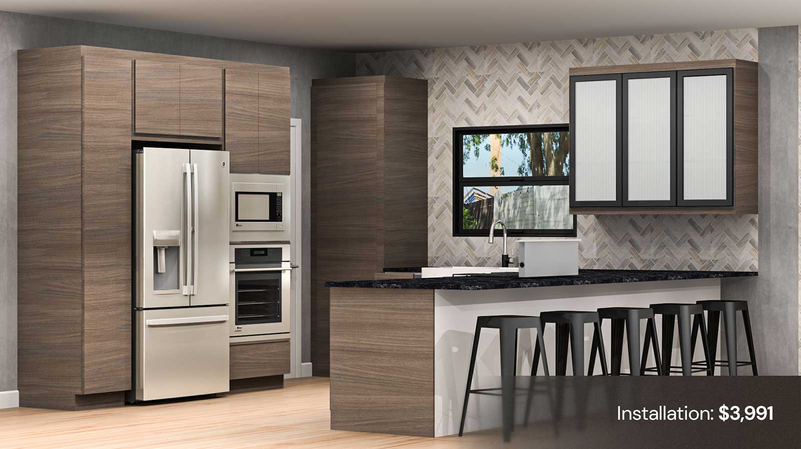 Rendering of kitchen with walnut colored cabinets