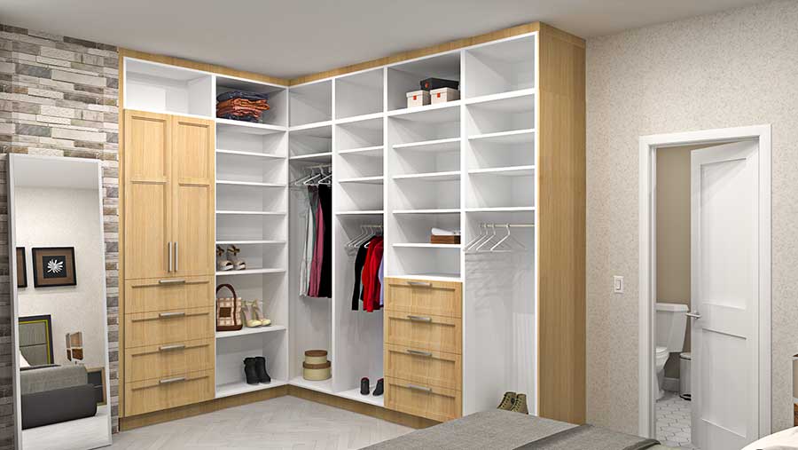 Open closet design rendering of IKEA cabinets