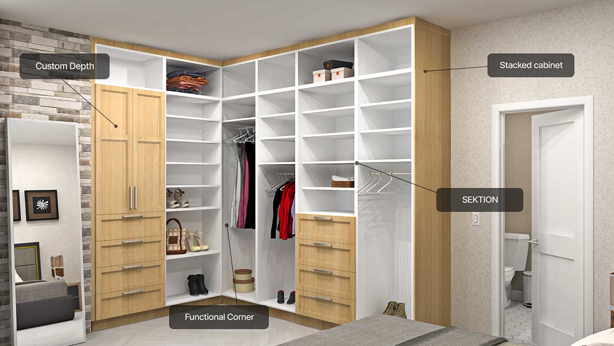 Rendering of an open closet design in the corner of a room