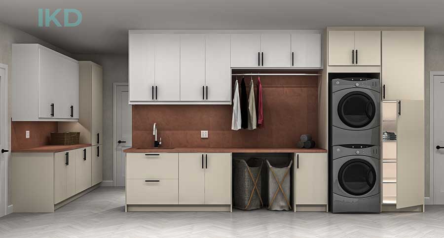 Two different colour cabinets in laundry room