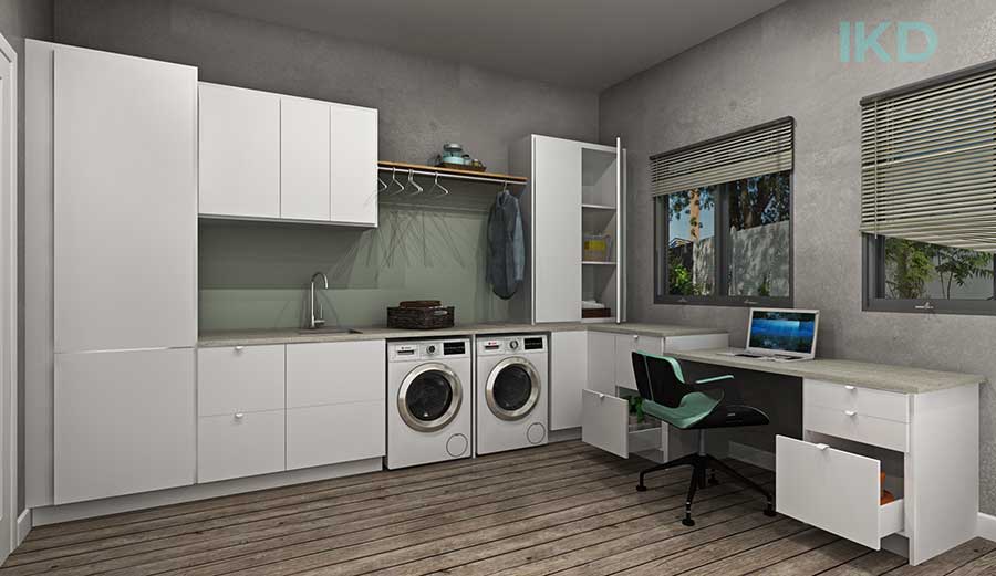 Side by side laundry appliances in laundry room rendering