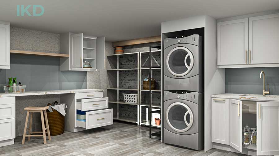 Rendering of large laundry room design with white cabinets