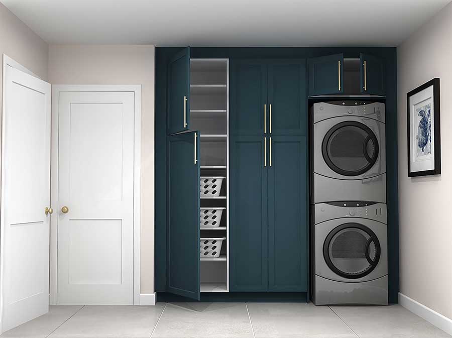 Laundry room design with closet and stacked appliances