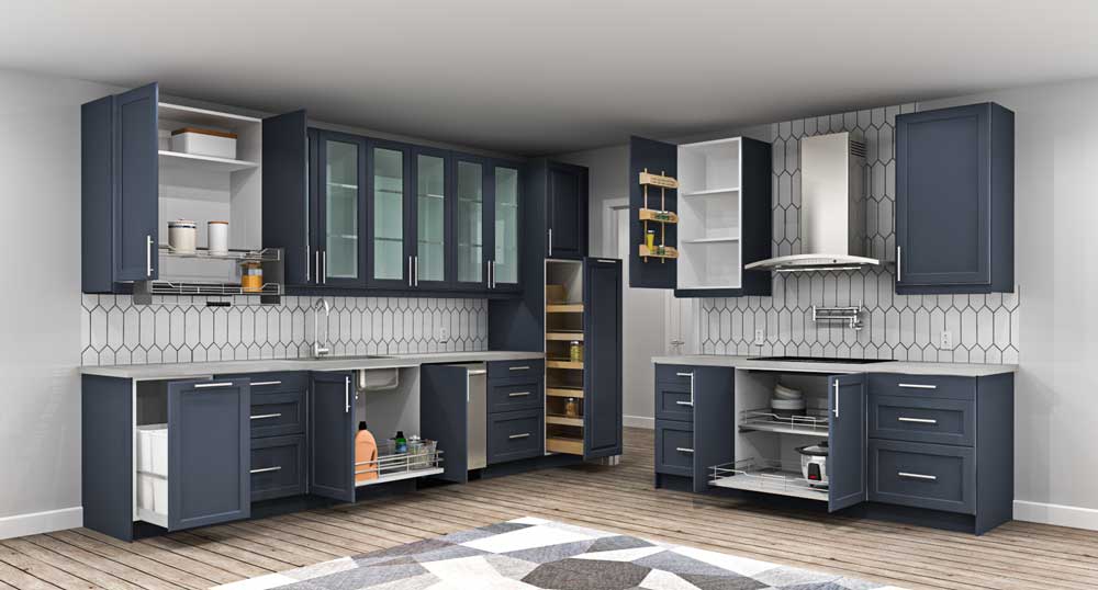 Rendering of blue kitchen designed by IKD