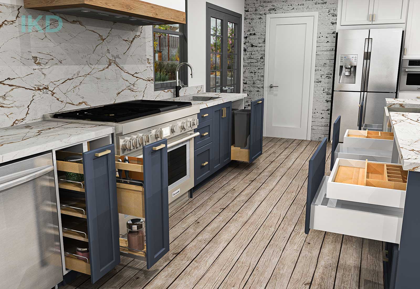 IKEA blue kitchen cabinets open to show different Rev-A-Shelf organizer options
