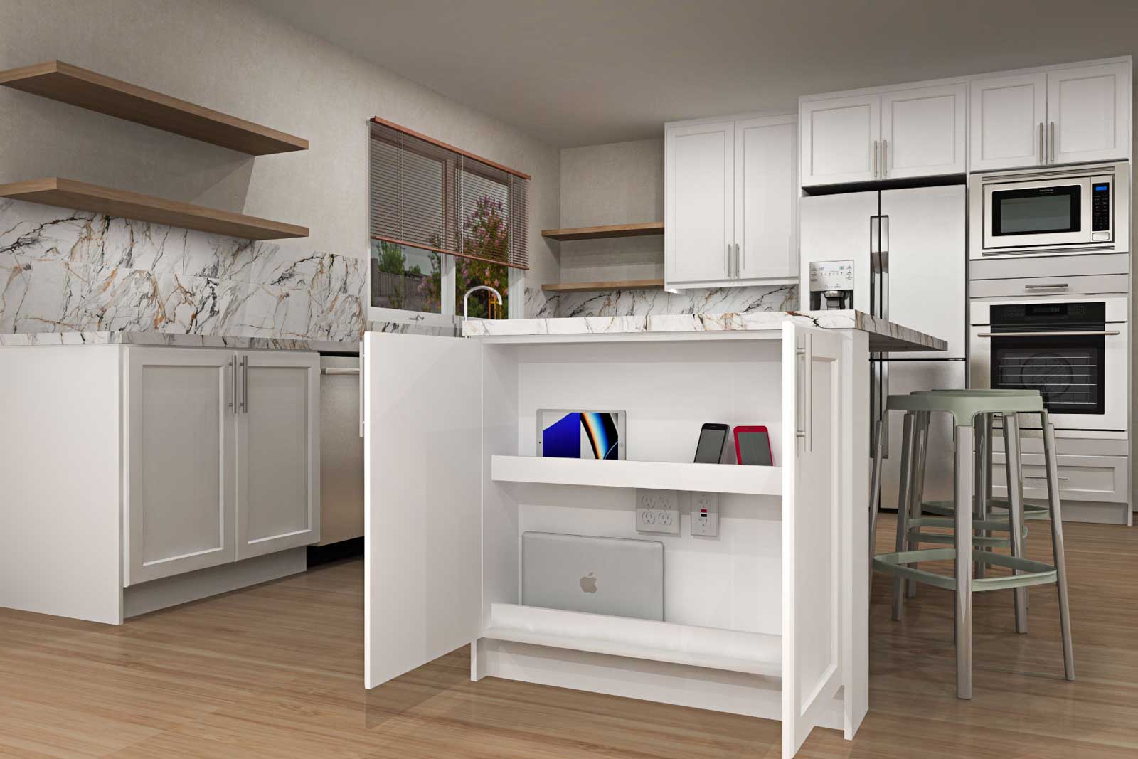 IKEA kitchen with open storage cabinet