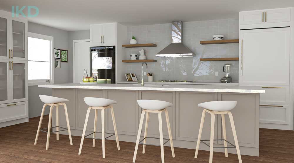 Rendering of a remodeled kitchen island kitchen with four white stools