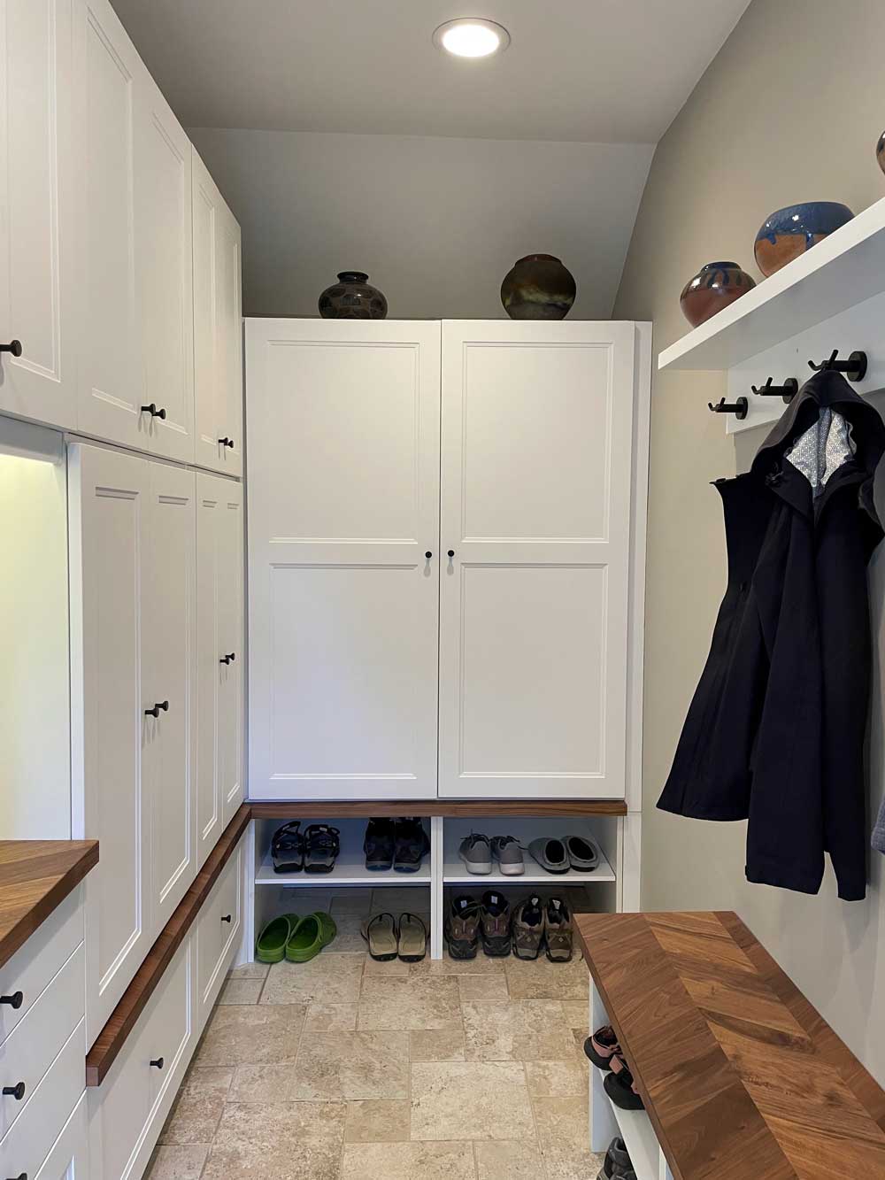 White IKEA cabinets used to build a mudroom