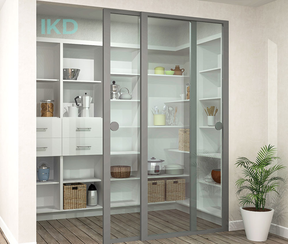 Glass enclosed IKEA pantry with white shelves