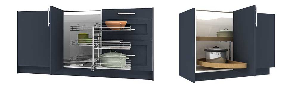 Corner base cabinets with Rev-A-Shelf organizers for large kitchen items