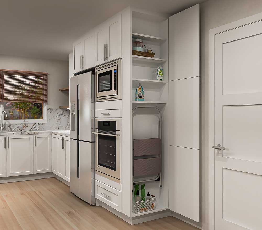 Open kitchen cabinets show storage for cleaning supplies